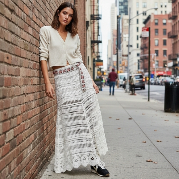 POL Openwork Boho Crochet Knit Scallop Maxi Skirt Butterfly Embroidered Belt - Picture 3 of 16